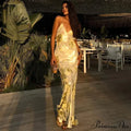 Shiny Sparkling Sexy Backless V Neck Maxi Dress