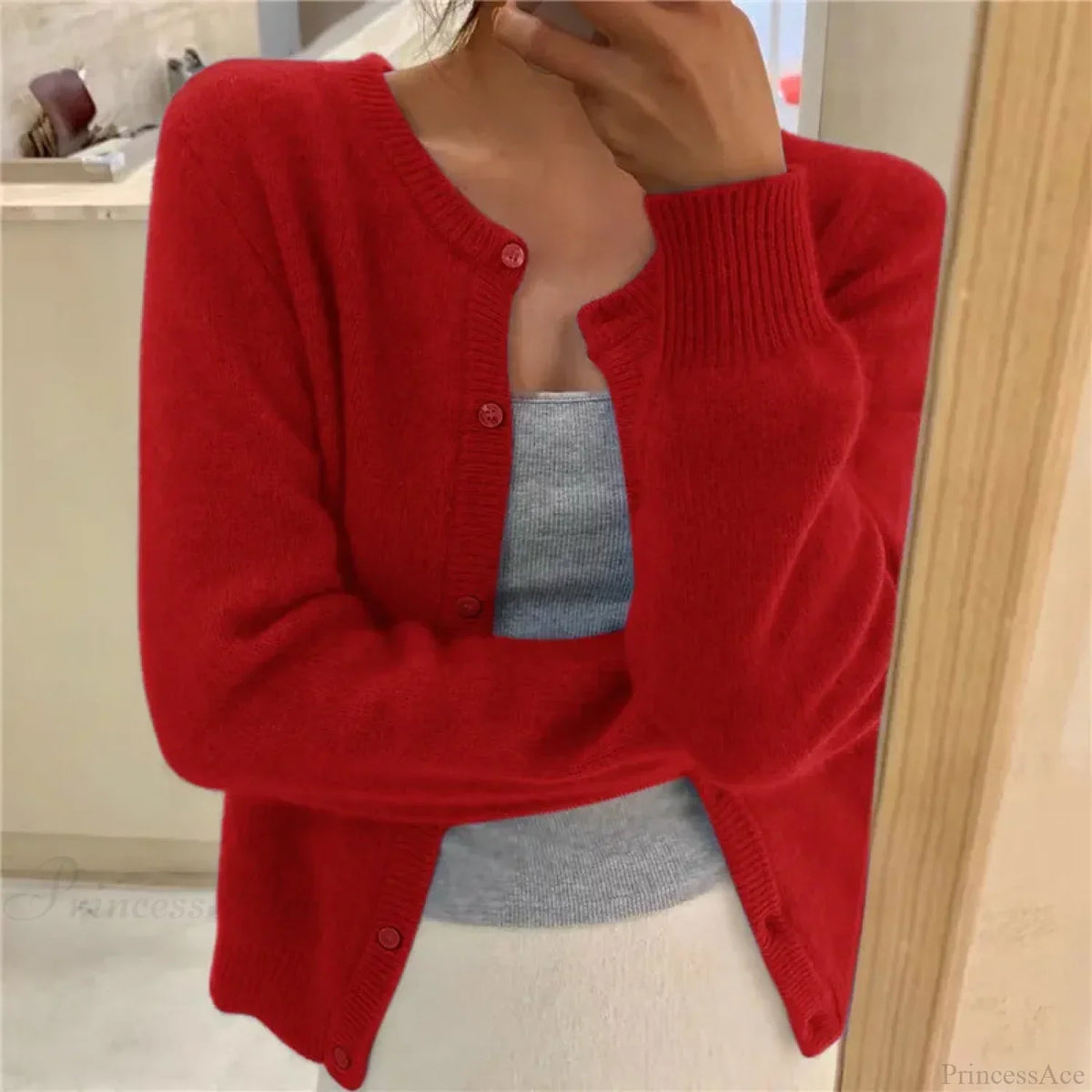 Single Breasted Solid Round Neck Knitted Cardigan