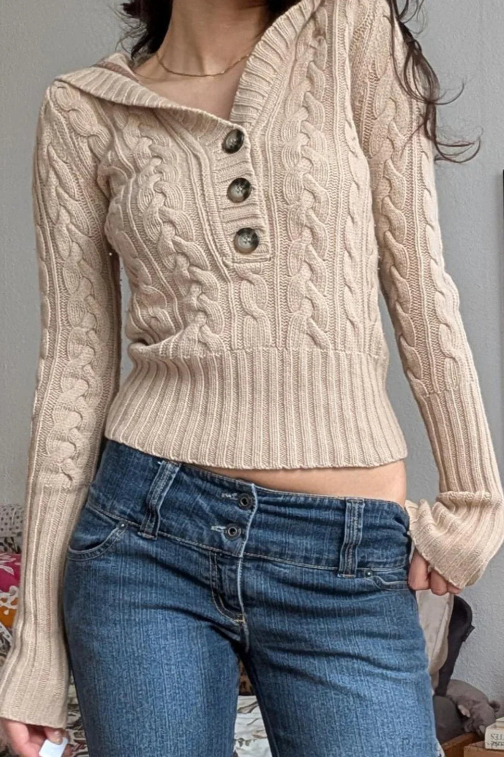 Solid Hooded Button Cropped Slim Sweater