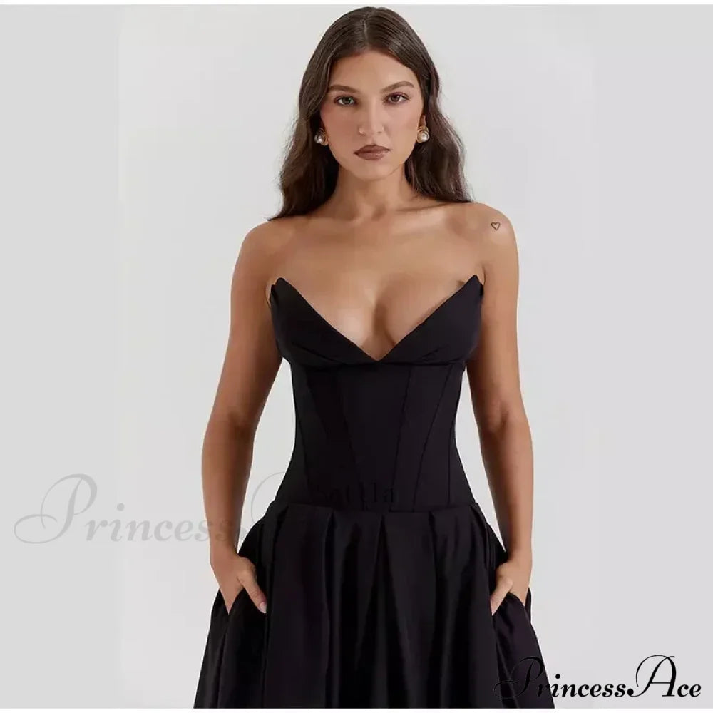 Solid Off-shoulder Chic Backless Strapless High-waisted Elegant Maxi Dress