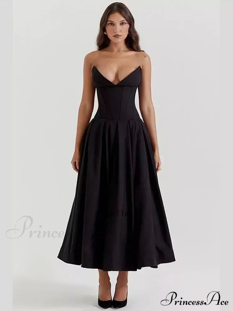 Solid Off-shoulder Chic Backless Strapless High-waisted Elegant Maxi Dress