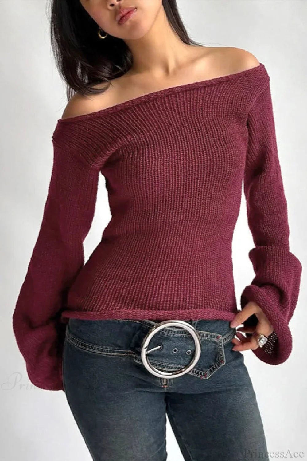 Solid Off Shoulder Rolled Edge Loose Knit Sweater