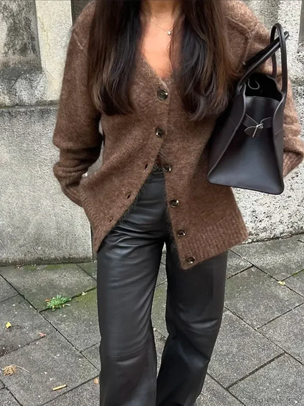 Solid V-neck Mohair Loose Cardigan