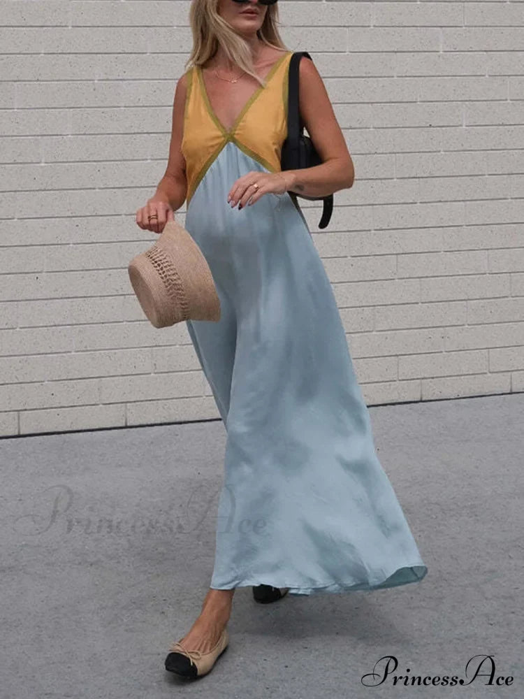 Splicing Chic V-neck Charming Contrasting Color Dress