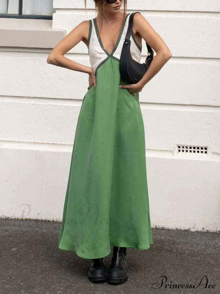 Splicing Chic V-neck Charming Contrasting Color Dress