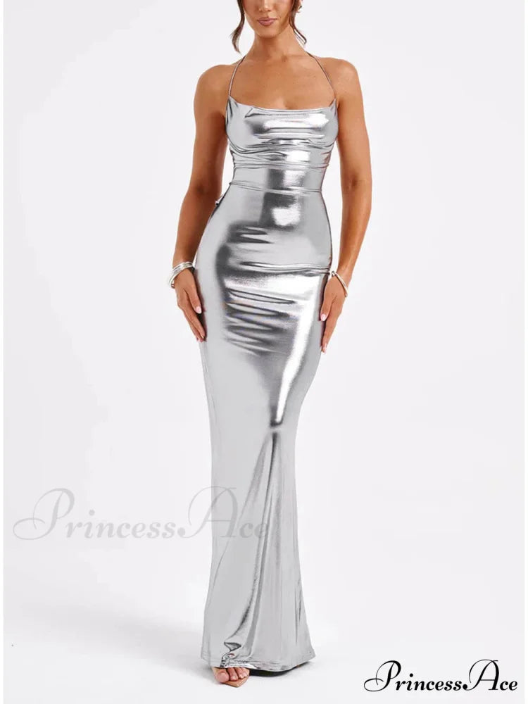 Spring Swing Collar Glossy Graceful Metallic Backless Maxi Dress