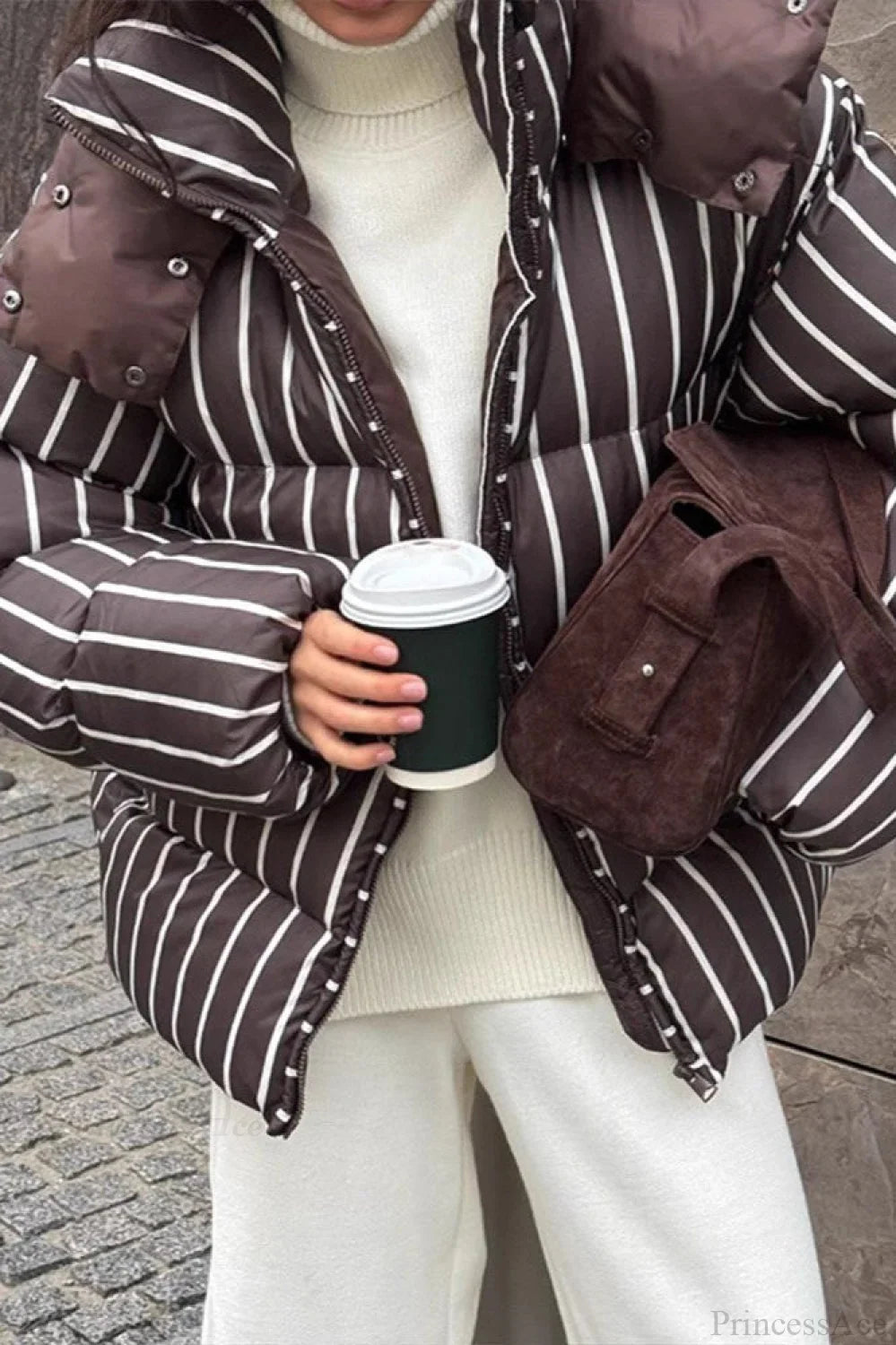 Stand Collar Striped Hooded Warm Quilted Coat