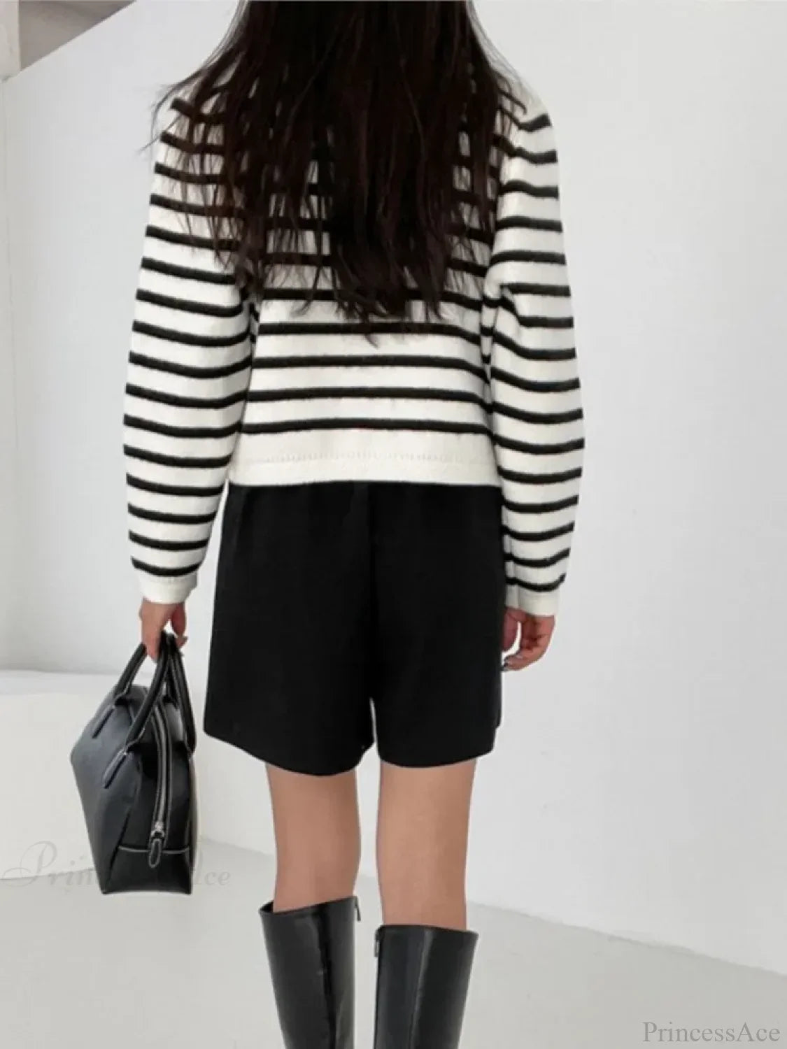 Striped Print Cropped Loose Knit Knit Cardigan