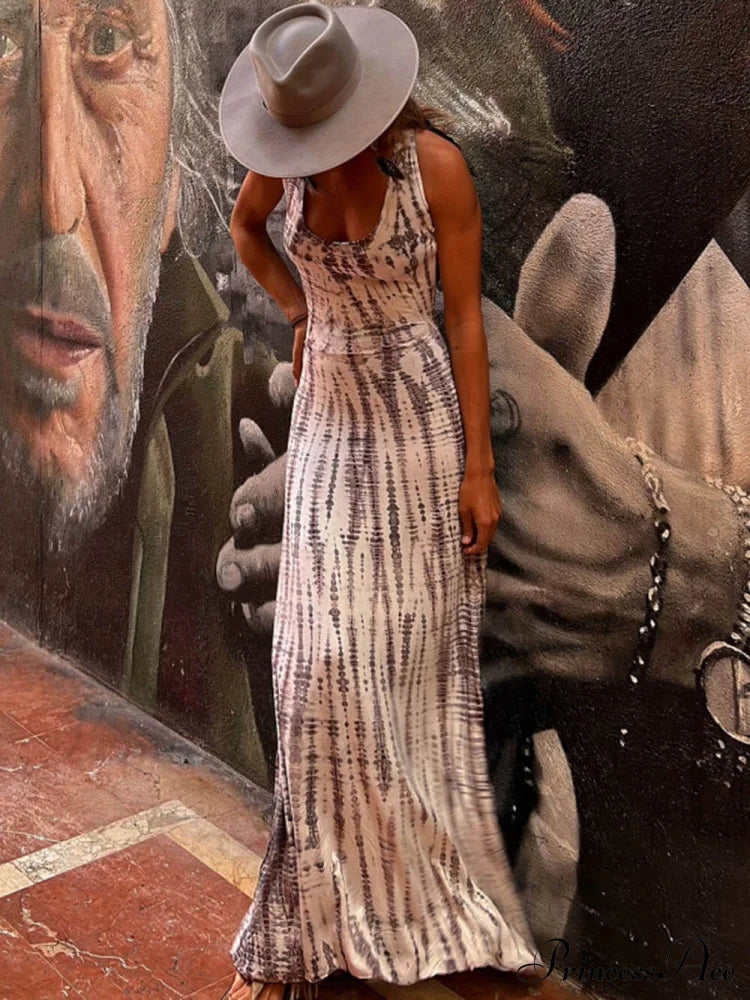 Tie-dye Print Back Charming Lace-up Stretch Maxi Dress
