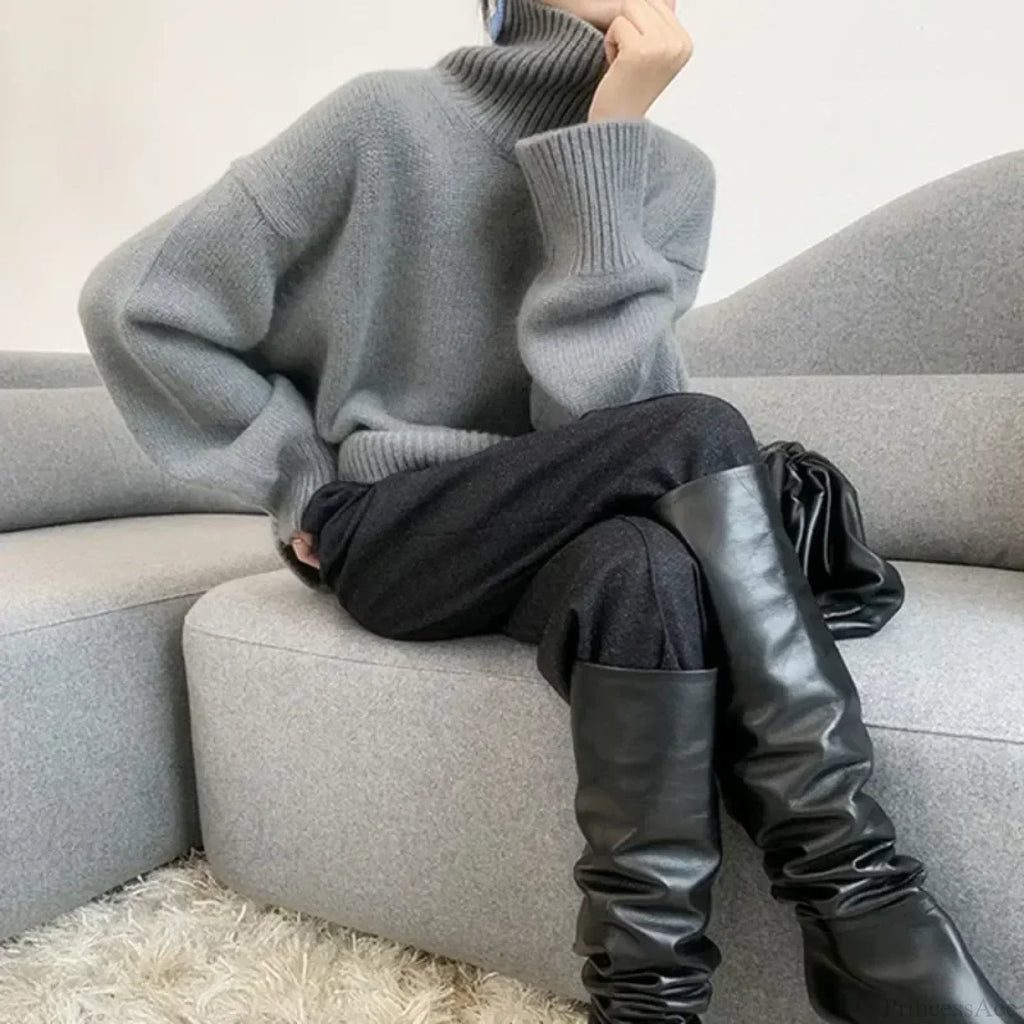 Turtleneck Elegant Gray Red Sweater