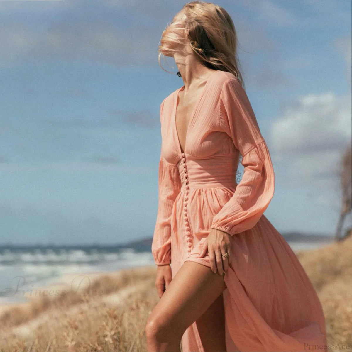 V Neck Button Down Maxi Dress