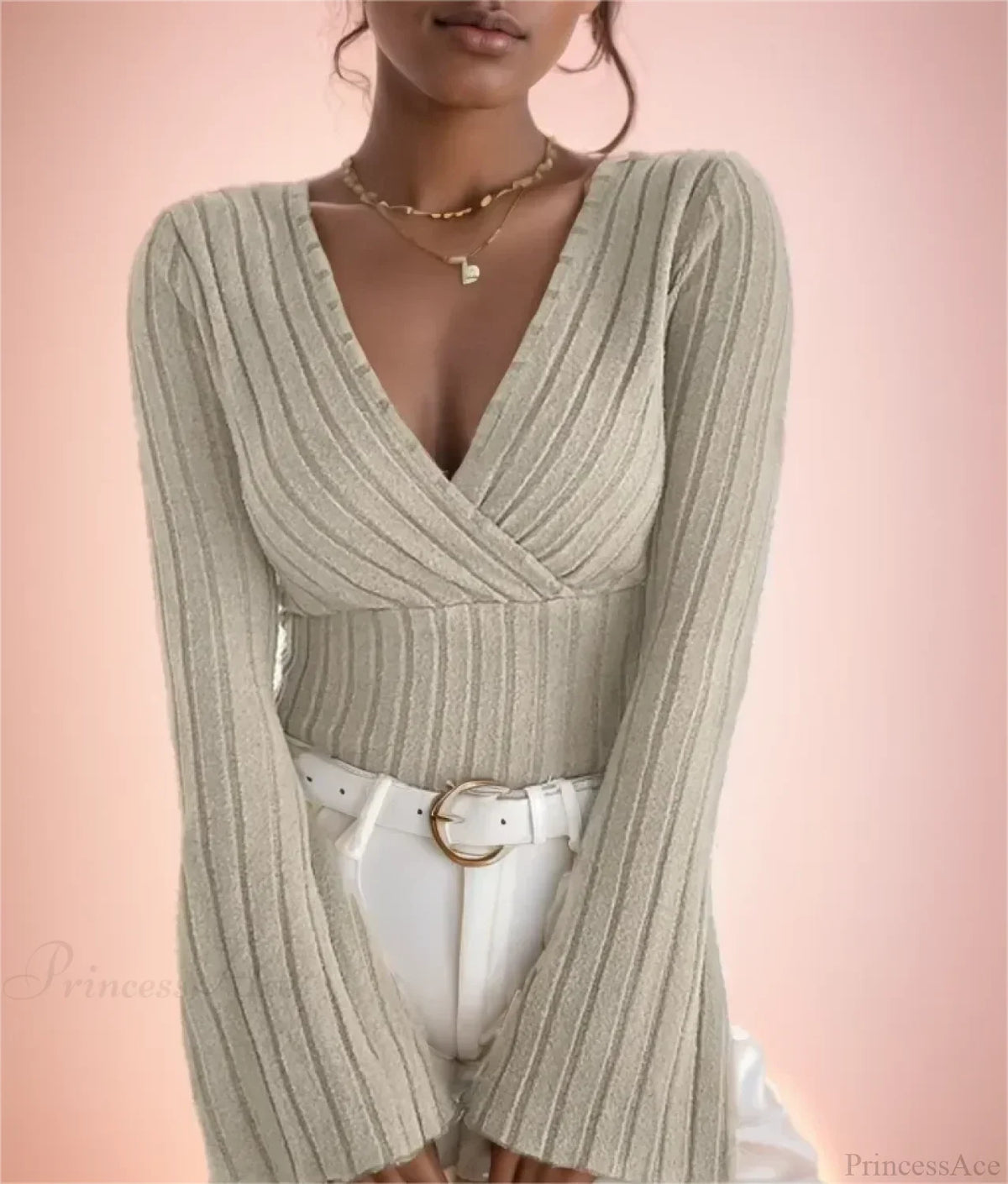 V-neck Striped Long Sleeve Knit Sweater