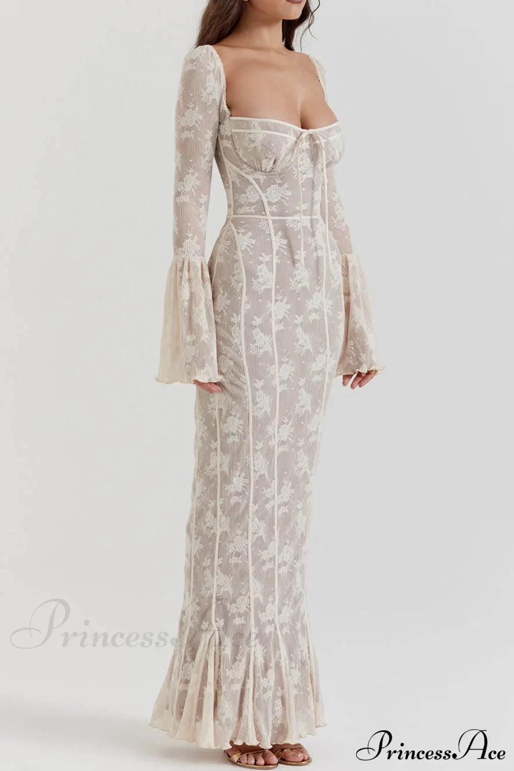Vintage Cream Stylish Lace Maxi Dress