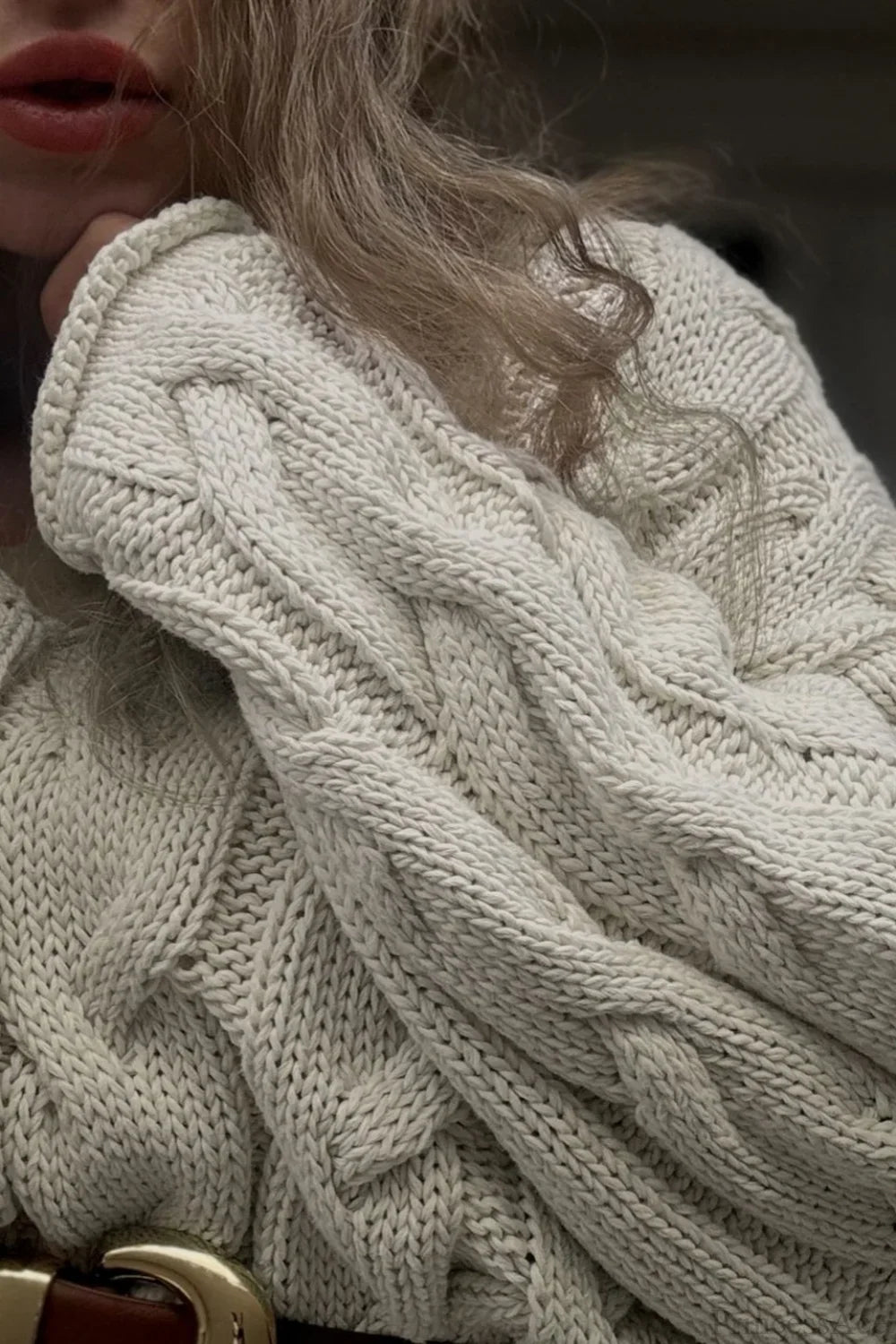 Vintage V-neck Loose Mid-length Cable Knit Long Sleeve Sweater