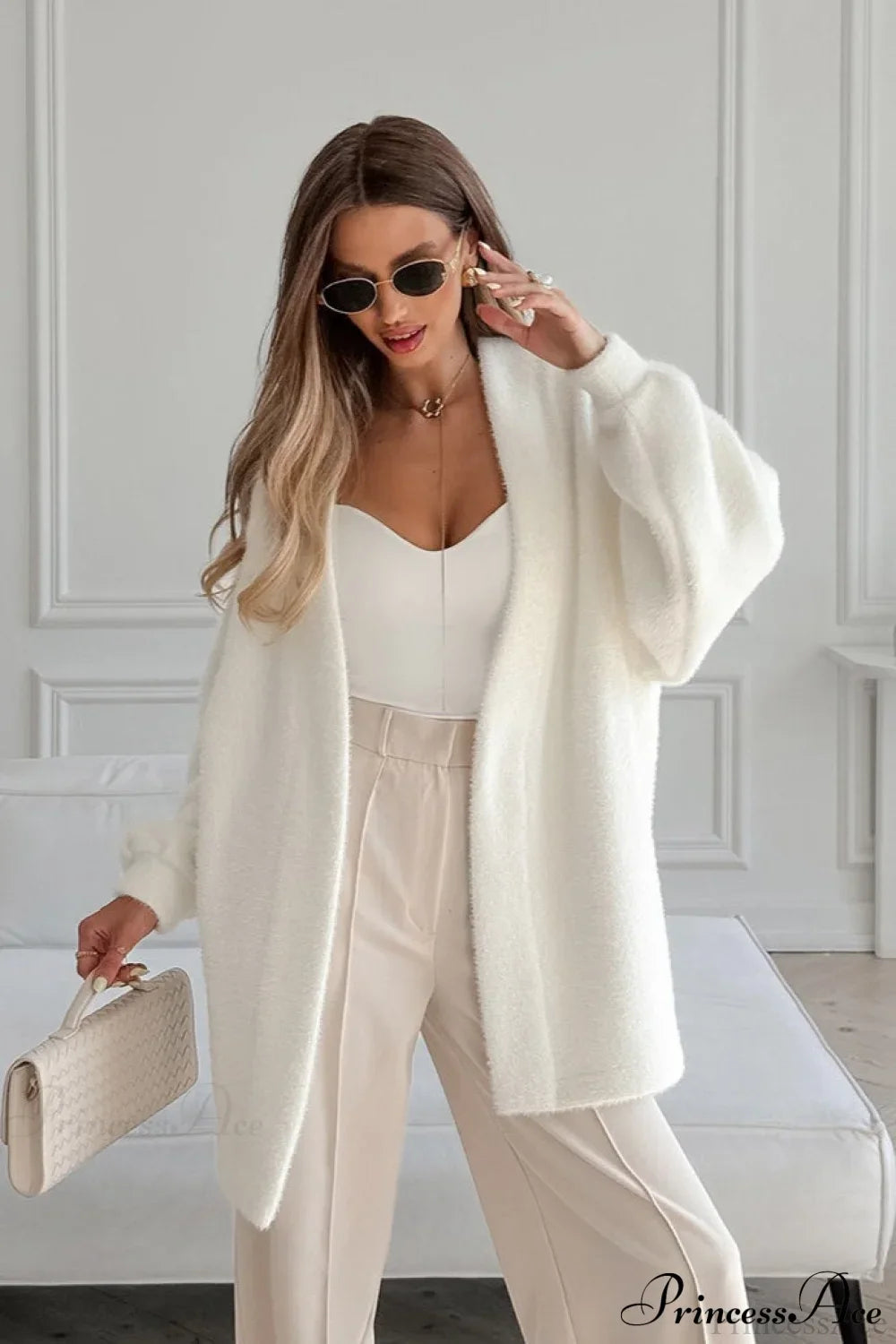 White Faux Fur Thickened Midi Elegant Coat