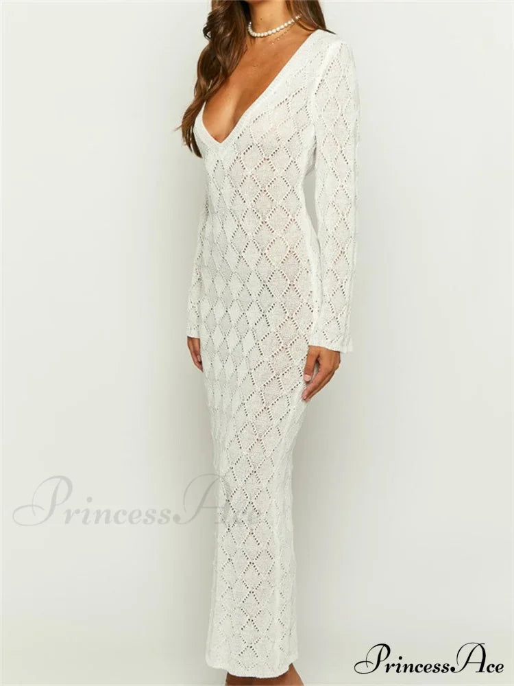 Women Crochet Knitted Sleeve Hollow Out V-neck Backless Lace-up Beach Cover Ups Summer Vestidos
