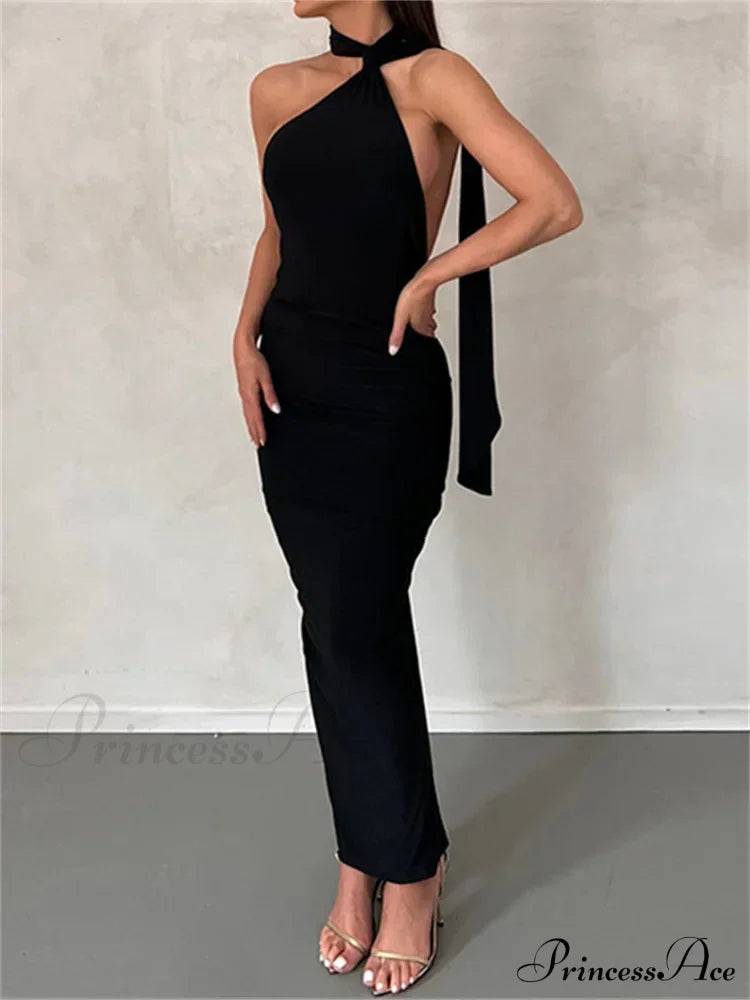 Women Halter Lace-up Sleeveless Off Shoulder Backless Ruched Party Club Solid Color Female Vestidos