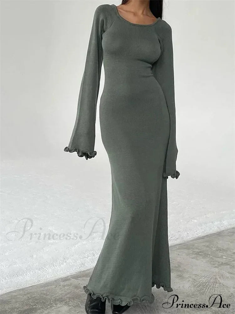 Women Knitted Flare Sleeve Backless Tie-up Round Neck Solid Color Ruffles Hem Beachwear Vestido