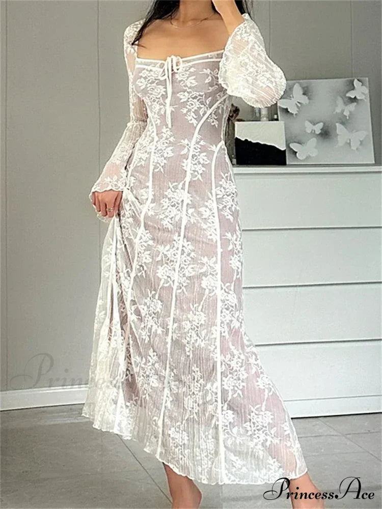 Women Lace Flower Flare Sleeve Square Neck Tie-up Spring Fall Solid Party Female Vestidos