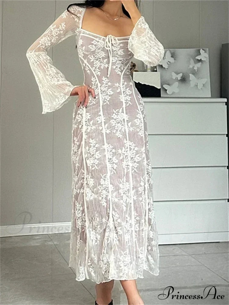 Women Lace Flower Flare Sleeve Square Neck Tie-up Spring Fall Solid Party Female Vestidos