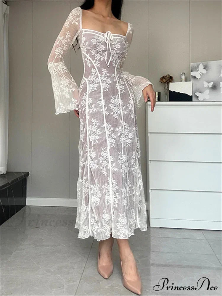 Women Lace Flower Flare Sleeve Square Neck Tie-up Spring Fall Solid Party Female Vestidos