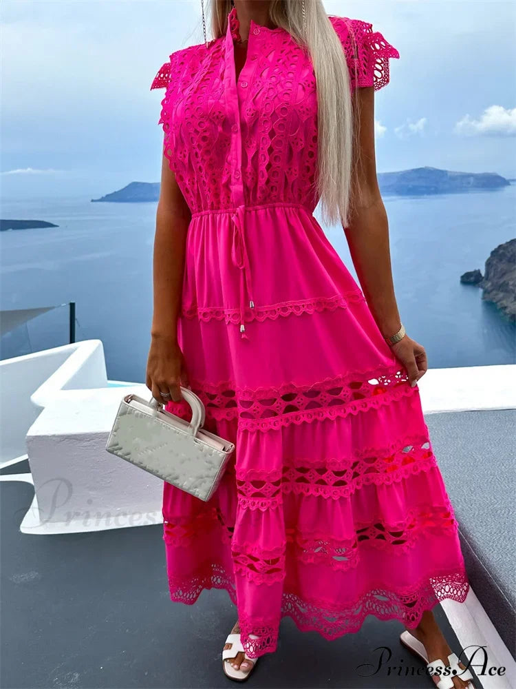 Women Lace Hollow Out Sleeve Front Buttons Up V-Neck Patchwork Loose Party Female Vestidos