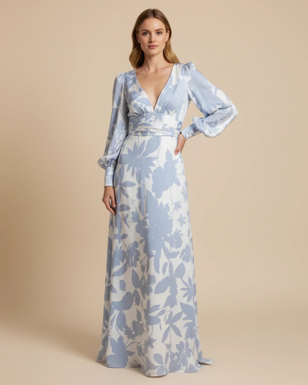 Robe Maxi Fleurie Femme – Élégante Col V avec Manches Bishop