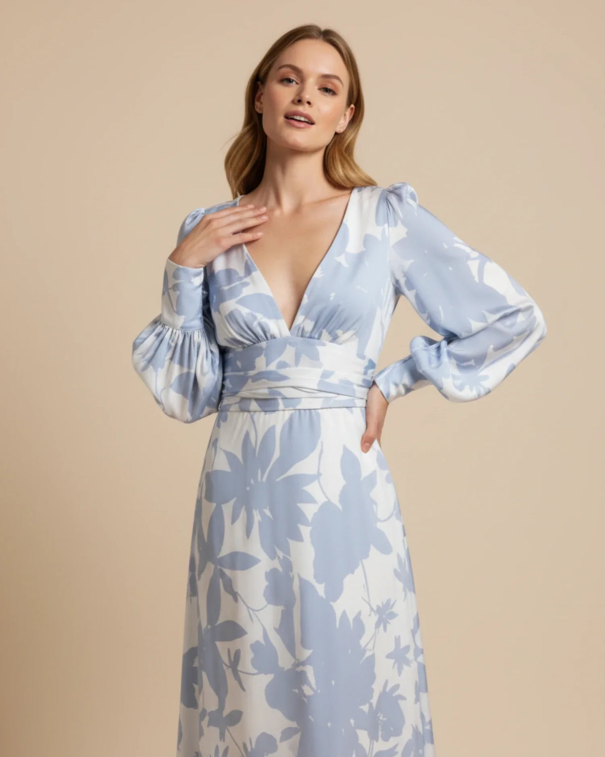 Robe Maxi Fleurie Femme – Élégante Col V avec Manches Bishop