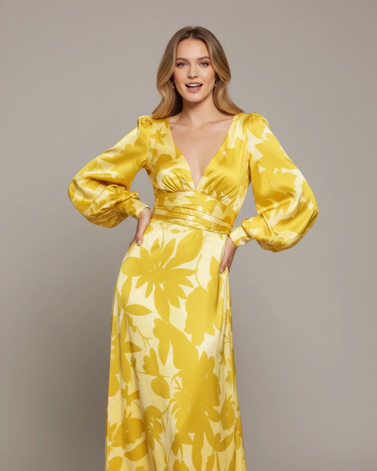 Robe Maxi Fleurie Femme – Élégante Col V avec Manches Bishop