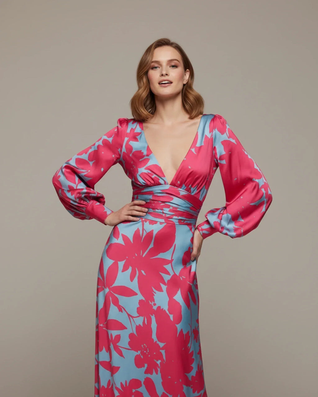 Robe Maxi Fleurie Femme – Élégante Col V avec Manches Bishop
