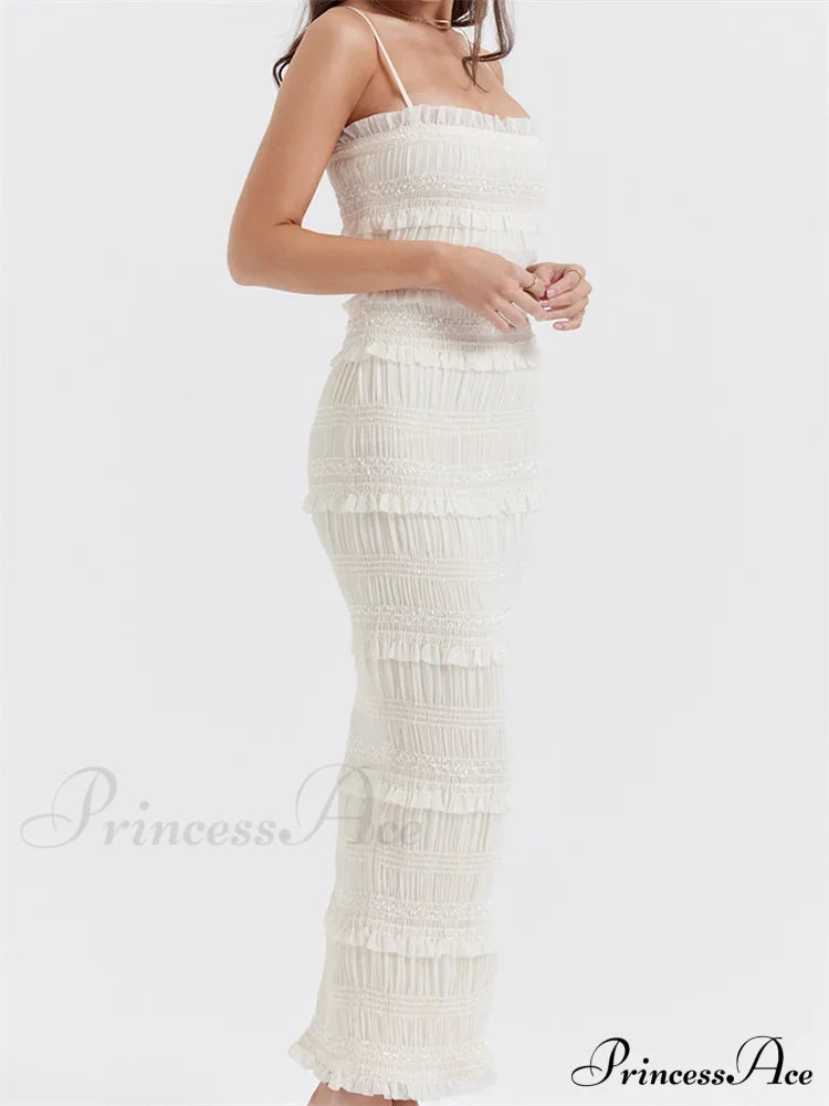 Y2K Ruched Sleeveless Strap Sling for Women Ruffles Square Neck Low Cut Back Split Female Vestidos