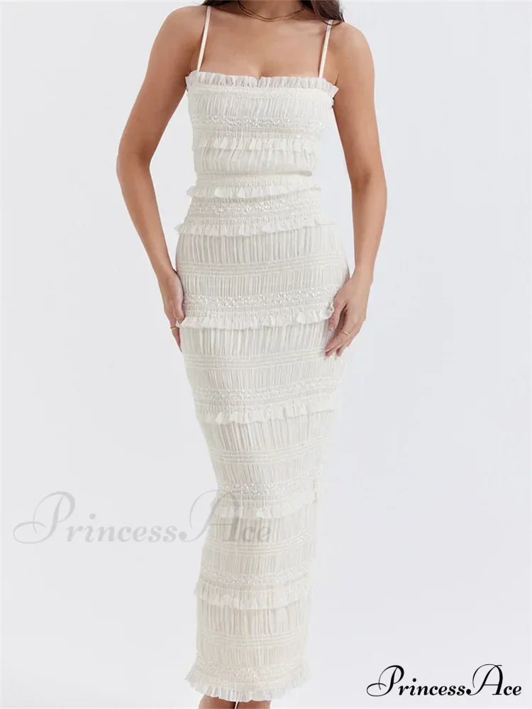 Y2K Ruched Sleeveless Strap Sling for Women Ruffles Square Neck Low Cut Back Split Female Vestidos