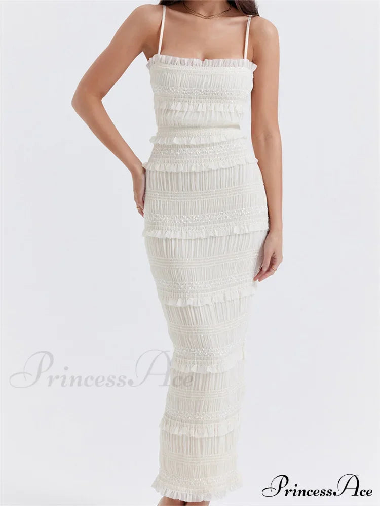 Y2K Ruched Sleeveless Strap Sling for Women Ruffles Square Neck Low Cut Back Split Female Vestidos